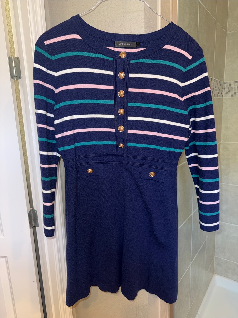 Meokeety Sweater Navy Pink and Teal Striped Dress with Gold Buttons Size XL